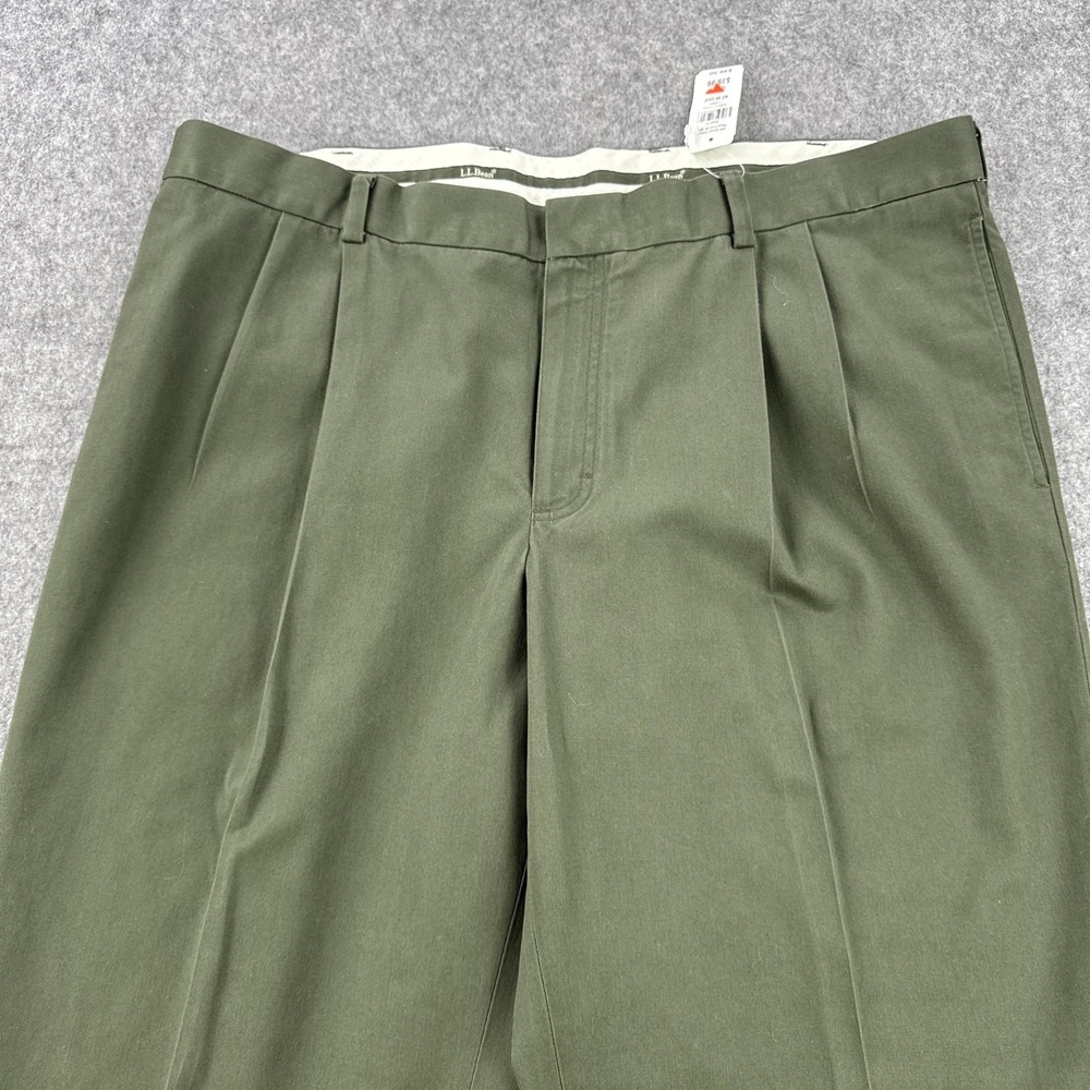 LL Bean Chino Pants Mens 42 Loden Army Green Pleated Standard Fit Unhemmed - Picture 3 of 15